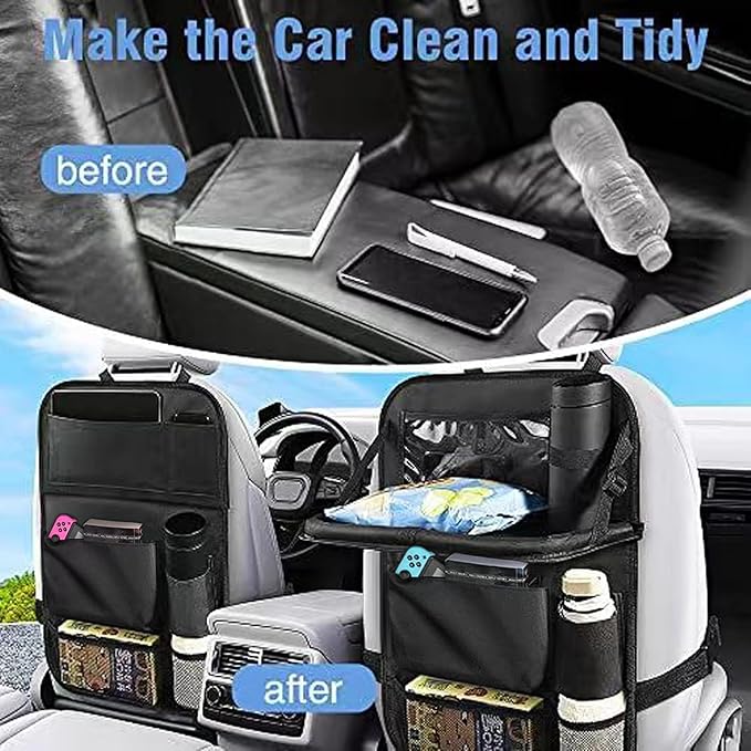 HSEAREA Car backseat organizer,with tablet holder, 6 storage pockets, foldable food tray, car seat back protectors kick mats, travel accessories, black (2)