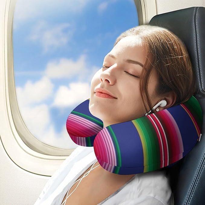 Luxury Memory Foam U-Shaped Neck Pillow Travel Support, Novel Colorful Mexican Blanket Stripes U-Shape, Removable Breathable Cover Home Office
