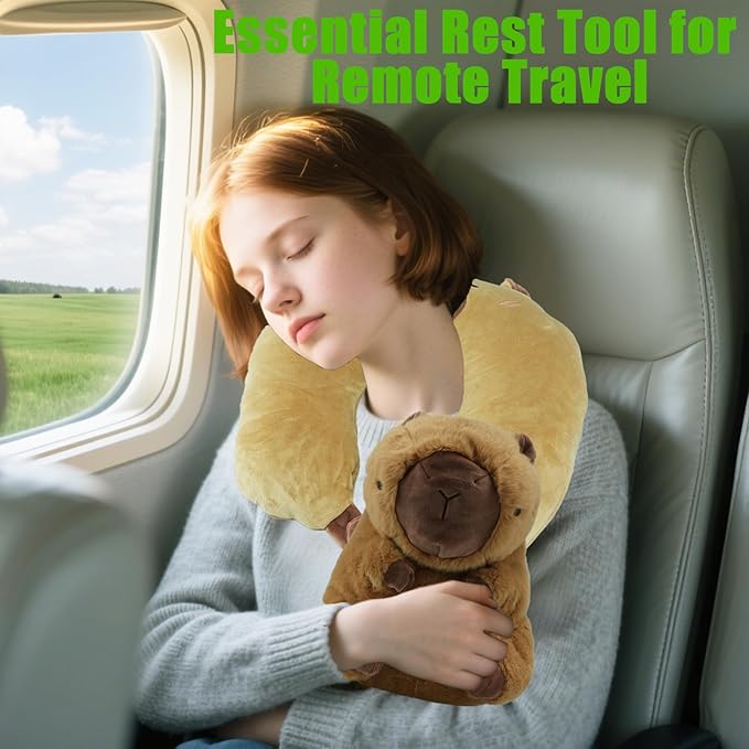 Travel Pillow for Kids & Adults Car Neck Pillow Memory Cotton U-Shaped Neck Pillow Soft Head Support Travel Accessories for Airplane Car Train Bus (Capybara)