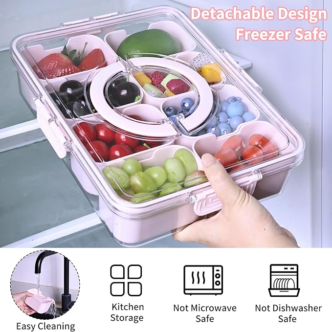 Yuroochii Snackle Box Container, Portable Snackle Box 8 Compartment Divided Serving Tray with Lid & Handle, Clear Snack Platter for Travel Candy Party Fruit Salad (Pink)