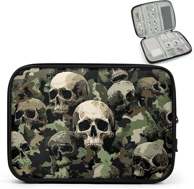 Camouflage Skull Travel Cable Organizer Pouch Camo Skeleton Electronics Accessories Carry Case Portable Water Resistant Storage Bag for Cord Charger Phone Earphone SD Card