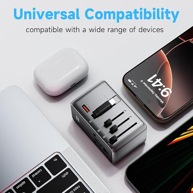 Minthouz Universal Travel Adapter, International 35W Power Adapter GaN Fast Charger with 3 USB-C PD & Cable & 1 USB-A Ports, All-in-One Portable AC Power Plug Adapter for USA EU UK AUS and More