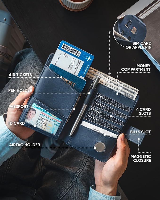 VULKIT Passport Holder with Airtag Holder RFID Blocking Passport Wallet Travel Leather Passport for Women(Navy)
