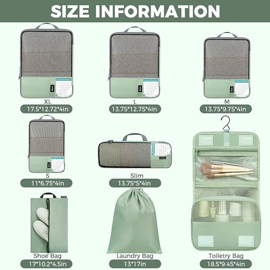 BAGAIL 4 Set/6 Set/8 Set Compression Packing Cubes Travel Accessories Expandable Packing Organizers(HalfMesh, 8-MatchaGreen)