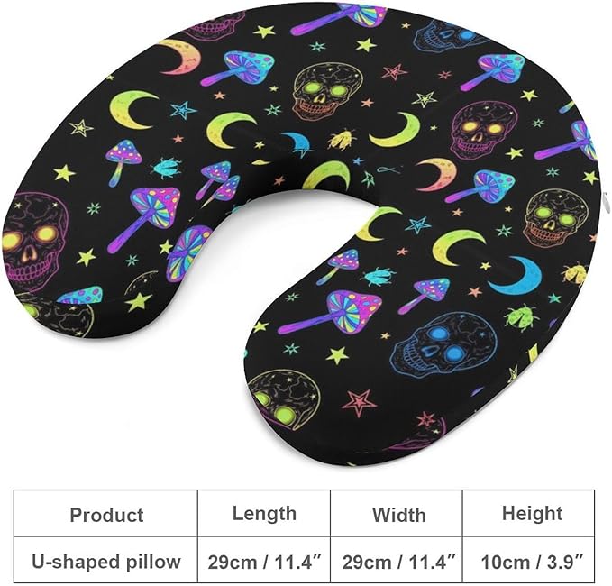 Pain Relief Travel Pillow Memory Foam Chin Support Goth Moon Mushrooms and Human Skulls, Breathable Washable Cover for Airplane Car Office