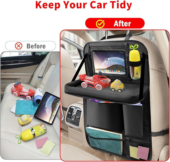 Etre Jeune Car Backseat Organizer with Tablet Holder, 6 Storage Pockets Seat Back Protector with Foldable Tray, Kick Mats Back Seat Cover for Kids Toddlers, Travel Accessories, 1 Pc