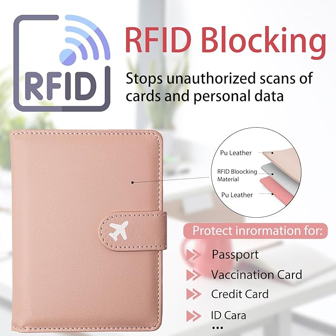 Passport Holder, Travel Wallet Cover with Pen Loop | Cute RFID Blocking Leather Case with Magnetic Closure for Travel Essentials-Pink