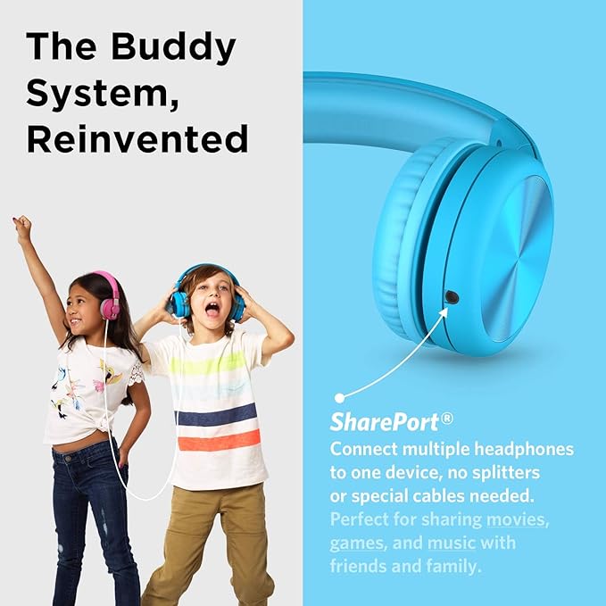 LilGadgets Connect+ Pro Wired Kids Headphones for School with Microphone, Volume Limiting Over-Ear Headset with Cord, SharePort Technology & SoftTouch Padding, Blue