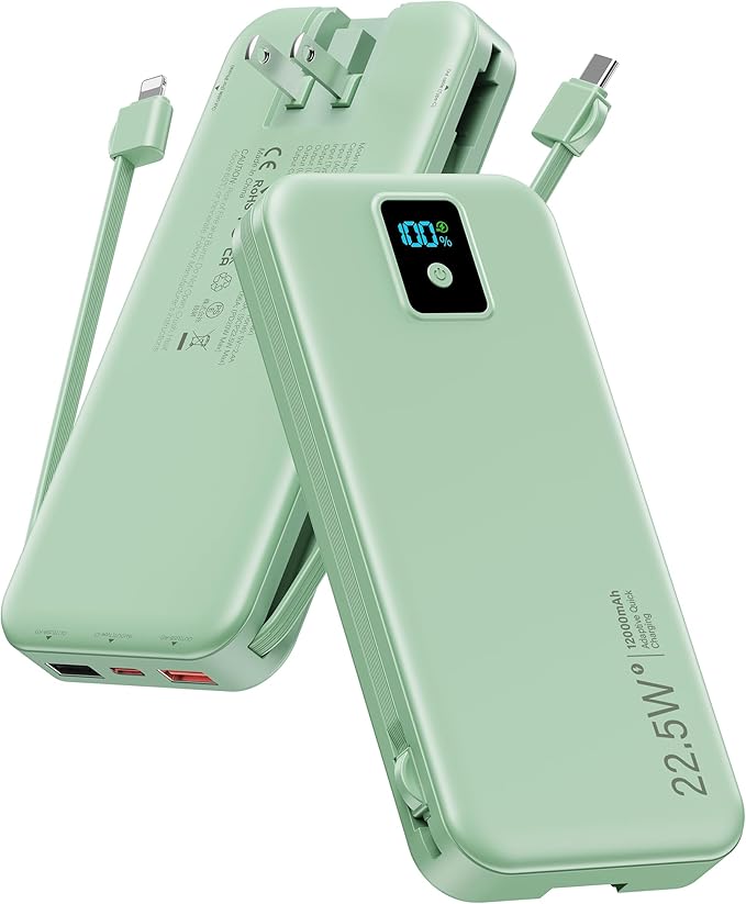 Portable Power Bank, 12000mAh 22.5W Fast Charging Phone Charger with Built-in Cables & Wall Plug, Travel Essential Battery Pack with LED Display, USB C Battery Charging Bank for iPhone, Samsung Green