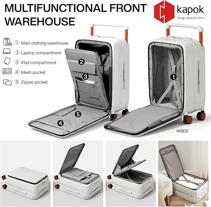 mixi Checked Luggage Wide Handle Luxury Design Rolling Travel Suitcase PC Hardside with Aluminum Frame Hollow Spinner Wheels, with Cover, 24 inch, Smoke White