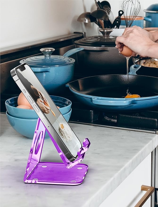 TOPGO Acrylic Cell Phone Stand, Clear phone Holder for Office Desk, Vanity, Kitchen Counter, Bedside Table, Compatible with iPhone 17 16 15 14 13 12 Pro Max Plus/Smartphones/iPad/Switc(Crystal Purple)