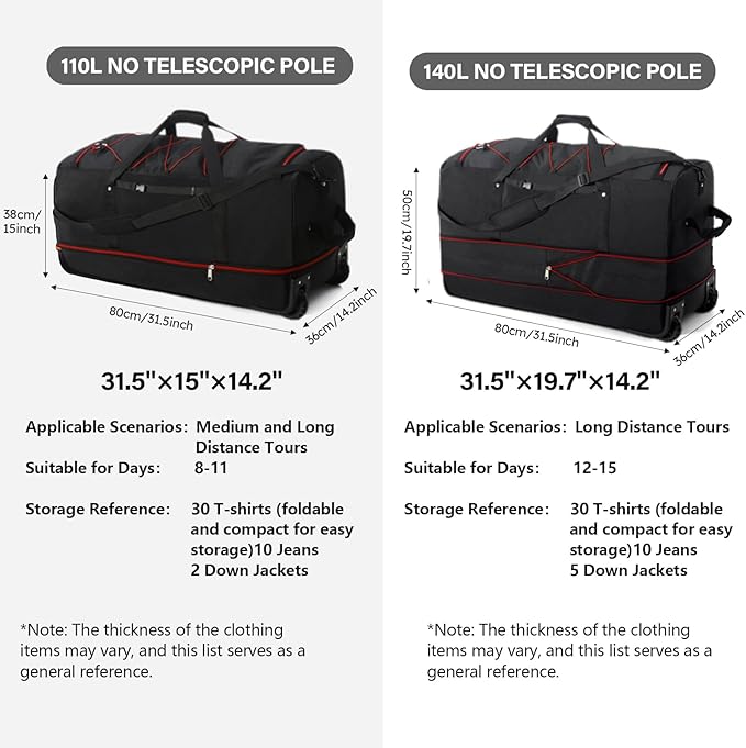 32” 1680D Oxford Foldable Duffle Bag with 2 Wheels,110L to 140L Expandable Soft Sided Rolling Travel Bag,Black-red