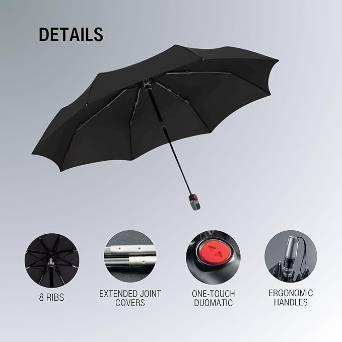 Knirps T.200 Duomatic Compact Rain Umbrella in Pure Black– Wind Tunnel Tested to 93 mph, Aluminum Steel Fiberglass Frame, 38in Canopy, OEKO-TEX, High-Performance Automatic Travel Umbrellas