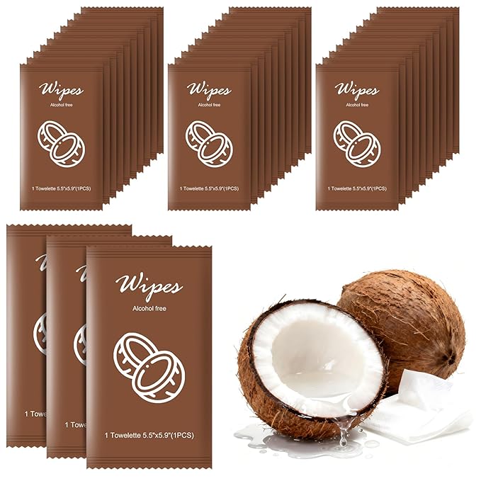 Individual Hand Wipes,Wet Wipes Individually Wrapped Bulk Cleansing Travel Size Wet Wipes for Wedding Travel Restaurant Barbecue(coconut,pack of 50)