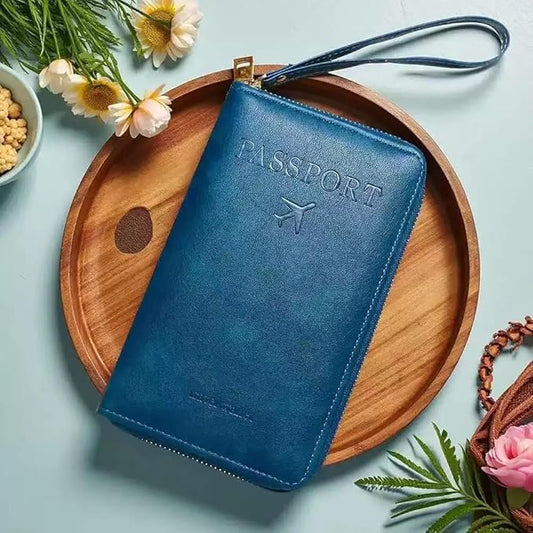 Multi-Functional RFID Passport Wallet,Travel Wallet for Men & Women,With zipper, anti-theft passport holder，Slim Leather Cover for Credit Cards, Tickets, Cash (Blue)