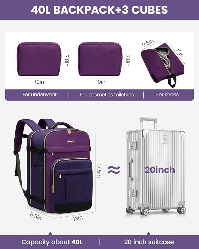 LOVEVOOK 40L Travel Backpack - Carry On & Personal Item for Women & Men, Spacious & Durable with 3 Packing Cubes