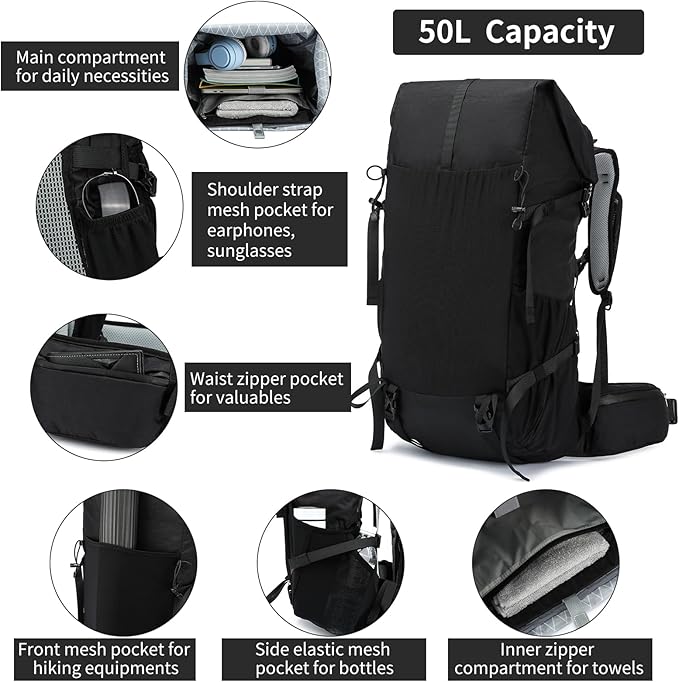 Hiking Backpack,40L to 50L Extra Large Capacity Hiking Bag,Internal Frame Camping Backpack,Upgraded X-PAC Lightweight Sport Daypack Travel Backpack Fit For Mountain Climbing Camping(Black)