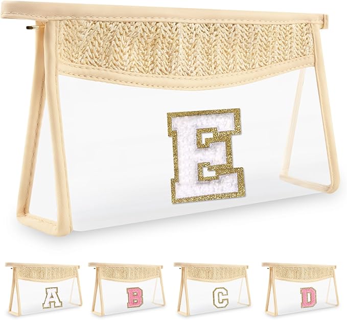 Personalized Initial Letter Bag Boho Straw Clear Makeup Bag,Small Cute Chenille Varsity Letter Bag With Zipper,Beach Travel Toiletry Bag,Portable Monogrammed Cosmetic Bag for Women Girls,E