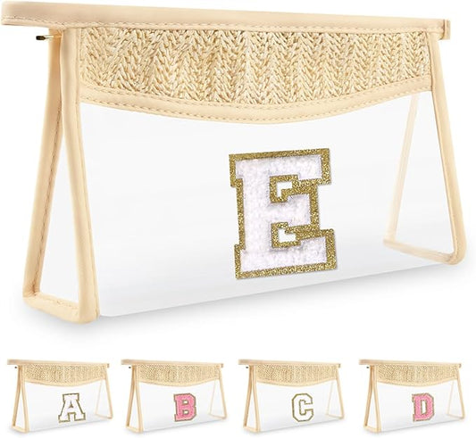 Personalized Initial Letter Bag Boho Straw Clear Makeup Bag,Small Cute Chenille Varsity Letter Bag With Zipper,Beach Travel Toiletry Bag,Portable Monogrammed Cosmetic Bag for Women Girls,E