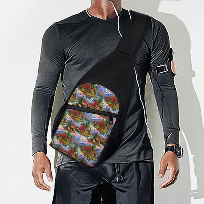 SWEET TANG Polyester Shoulder Sling Bag Multipurpose Casual Sport Daypack Unbalance Backpack with Small Pocket and Smooth Zipper, Bears