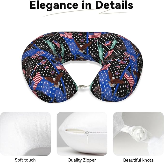 Comfortable Travel Pillow for Pain Relief Sleeping, Memory Foam Airplane Car Neck Pain Pillows Thin Blue Line American Flag and Bald Eagle, Funny Chin Head Support Cushion