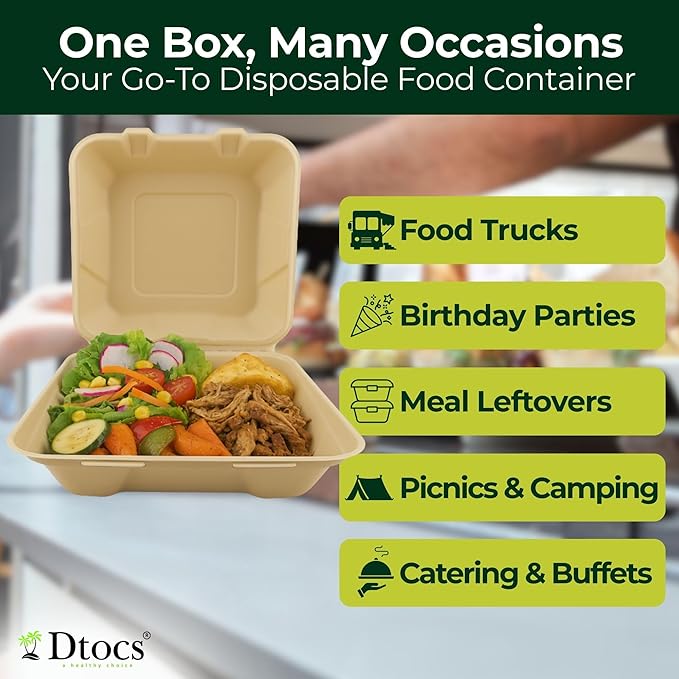 Dtocs Compostable Clamshell To Go Food Containers 8x8-70 Pc | Bamboo Fiber Heavy-Duty Disposable Microwavable Carry Out Container | Biodegradable Take Out Containers with Lids For Home, Chefs