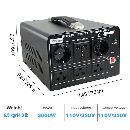 Yinleader 3000W Voltage Converter Transformer(110V to 220V,220V to 110V) Step Up/Down Converter 110/120 Volt - 220/240 Volt w/US Standard Power Cord,Circuit Breaker Protection (VTUS-EU3000)