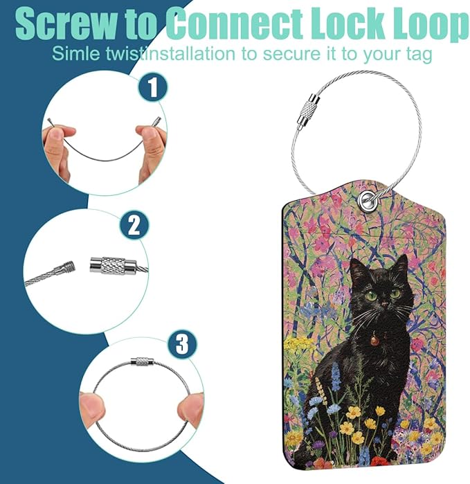 2 PCs Floral Cat Stuff Luggage Tag, Suitcase Tags with Privacy Flap and Metal Loop, Luggage Tags for Suitcases, Identifiers Travel Essentials Bag Tag, Cat Lovers Gifts for Women Girls Friends Bestie