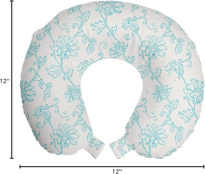 Ambesonne Botanical Travel Pillow Neck Rest, Detailed Intricate Floral Ornaments Romantic Pure Tones Illustration, Memory Foam Traveling Accessory for Airplane and Car, 12", Blue White