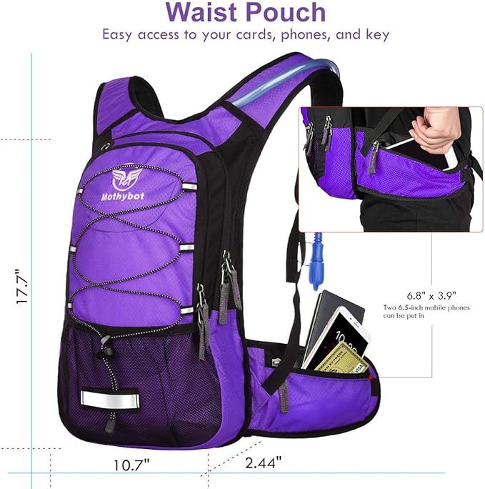 Mothybot Insulated Hydration Backpack Pack with 3L BPA Free Leak Proof Water Bladder, Large Storage Lightweight Hiking Daypack with Waist Pouches & Cooler Layer, for Running, Biking, Camping, Festival