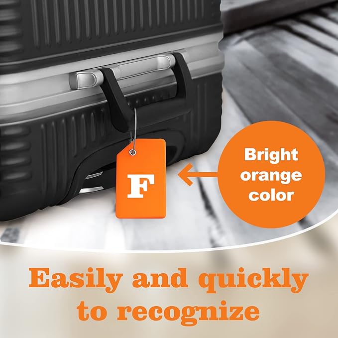 Gostwo 2 Pack Silicone Luggage Tags for Suitcases, 26 Initial Letter Baggage Labels Handbag School Bag Suitcase Instrument Tag with Stainless Steel Loop(Orange)(Letter F)