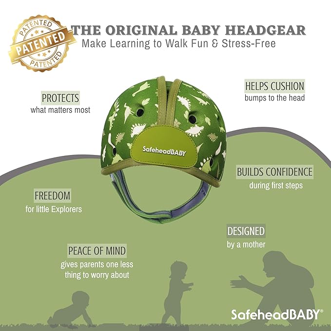 SafeheadBABY Soft Baby Head Protector Helmet for Crawling and Walking 7–24 Months – Ultra-Lightweight & Breathable Infant Safety Helmet That Grows with Your Baby (Head Circ. 40–52 cm) – Dino Green