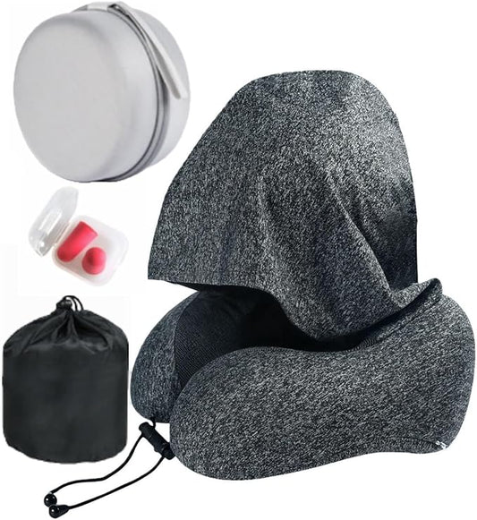 Travel Neck Pillow with Extra Large Hood Rollable Airplant Hooded Neck Pillow with Memory Foam Filling and Removable, Skin-Friendly Cover with a Carrying Pouch