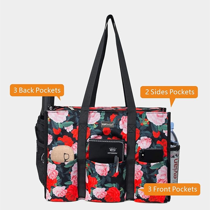TOPDesign Utility Water Resistant Tote Bag with 13 Pockets, Top Zipper Closure & Thick Bottom Support, for Working Women