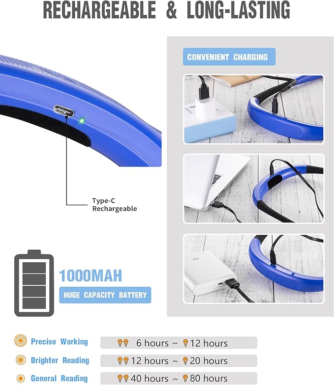 Glocusent Book Light, 3-Color & 6-Brightness Reading Light, Bendable Neck Light, 80-hr Lasting Rechargeable Lamp, Perfect Book Light for Reading in Bed, Knitting, Camping, Repairing, Book Lovers Gifts