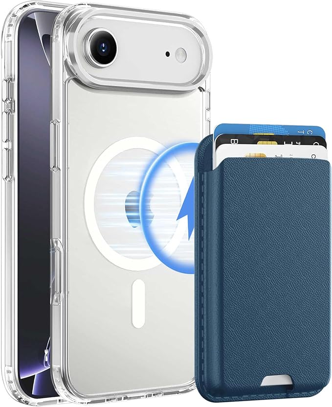 Ntwinro Magnetic for iPhone Air Clear Case (Compatible with MagSafe) with Blue Detachable Wallet & Card Holder for 3 Cards [RFID Blocking] Military Grade Protective Slim Phone Cover for 17 Air 2025