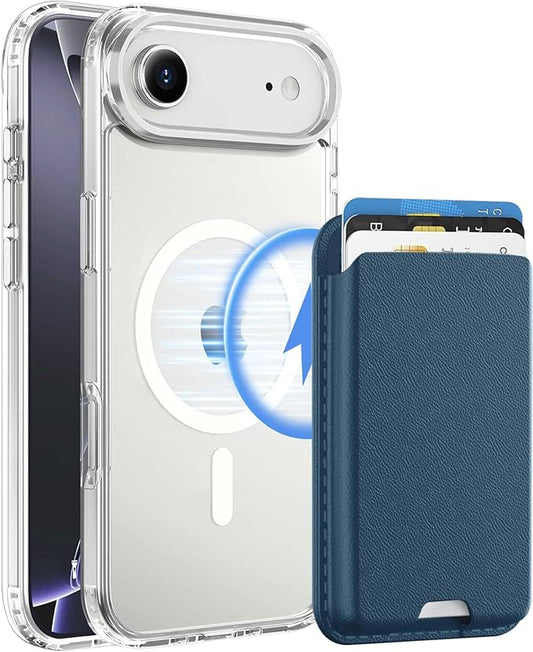Ntwinro Magnetic for iPhone Air Clear Case (Compatible with MagSafe) with Blue Detachable Wallet & Card Holder for 3 Cards [RFID Blocking] Military Grade Protective Slim Phone Cover for 17 Air 2025