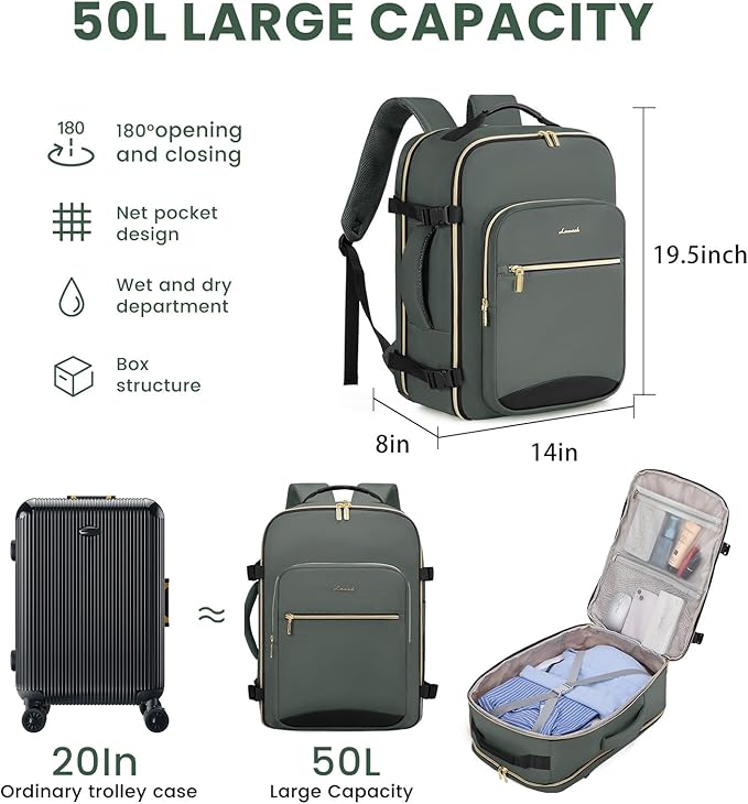 LOVEVOOK 50L Large Travel Backpack for Women Men Fits 17 Inch Laptop, Carry on Backpack for Traveling on Airplane, Personal Item Bag Airline Approved, Business Causal Weekender Backpacks