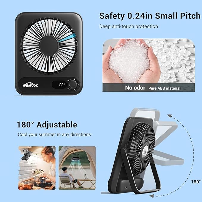 WHATOOK Small Desk Fan Personal Fans: 5000mah 25 Hours Battery Office Quiet Mini Desktop Fan Portable Rechargeable Travel Essentials (Black, 2000 mAh)