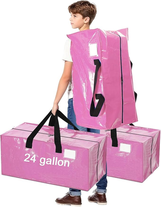 4 Pcs 24 Gallon Large Moving Bags with Zipper and Handles Foldable Storage Duffle Bags Heavy Duty Extra Large Totes for College Dorm Travel Clothes Blankets Bedding Moving (Pink)