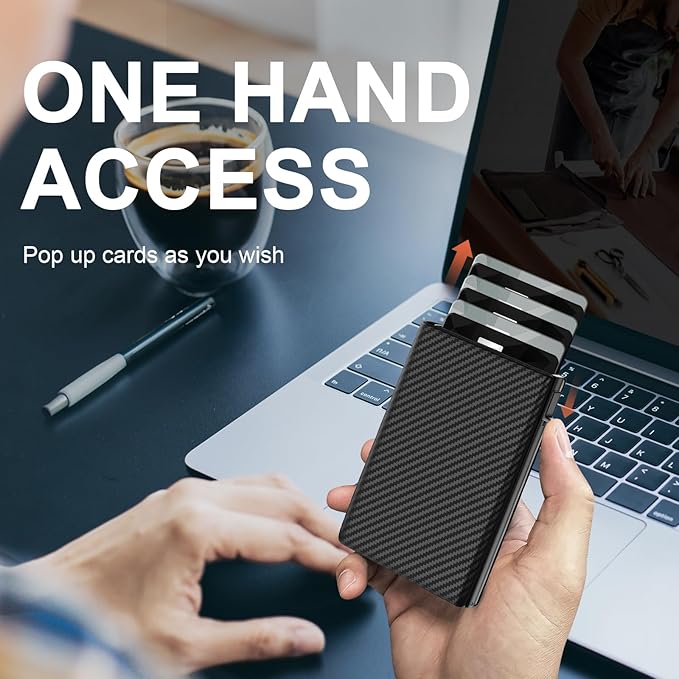 GAOCHALE Wallet for Men Pop up Card Holder, Smart, Slim, Minimalist Design for Front Pocket, Premium RFID Blocking, 10-14 Card Capacity | ID Window | Cash Slot(Carbon)