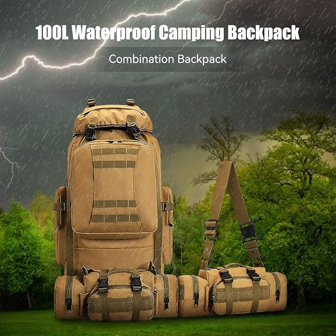 HongXingHai 100L Camping Hiking Backpack,Molle military Tactical rucksack backpack,Waterproof Lightweight Hiking Backpack (Khaki-C)