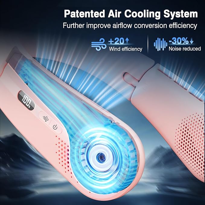 ChillGo Portable Neck Fan - 8400 RPM Enlarged Turbo Airflow - 5200mAh Personal Rechargeable Cooling Wearable Fan - Max 16H, 4 Speeds, Foldable, LED Display - Great Gifts for Men Women - 2nd Gen Pink