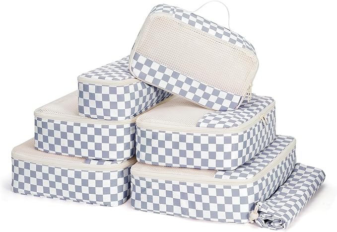 Narwey 7 Set Checkered Packing Cubes for Travel Carry on Suitcase Luggage Organizer Bags for Kids Women Men, Durable Packing Organizers Bag, Travel Essentials Accessories (Grayish Blue Checkerboard)