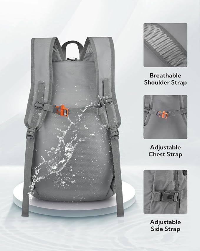 WATERFLY Hiking Packable Daypack Backpack: 35L Ultra Lightweight Day Pack for Woman Man - Large Compact Folding Back Pack for Outdoor Sport Cycling Camping Travel Trip - Gray