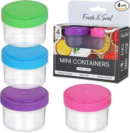 Condiment Containers with Screw Lids (4-Piece) - Reusable Leakproof Salad Dressing Containers to go - Small Mini Food Storage Cups for Lunch, Dishwasher Friendly, 1.4-Ounce