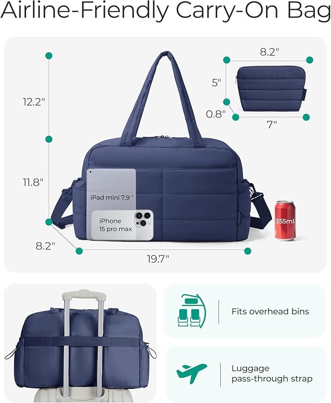 BAGSMART Gym Bag for Women, Lightweight Puffer Duffle Bag 2-PC Travel Bag, 31L Weekender Overnight Bag Quilted Carry On Tote Bag, Diaper Hospital Dance bag for Travel, Gym, Water Resistant, Navy Blue