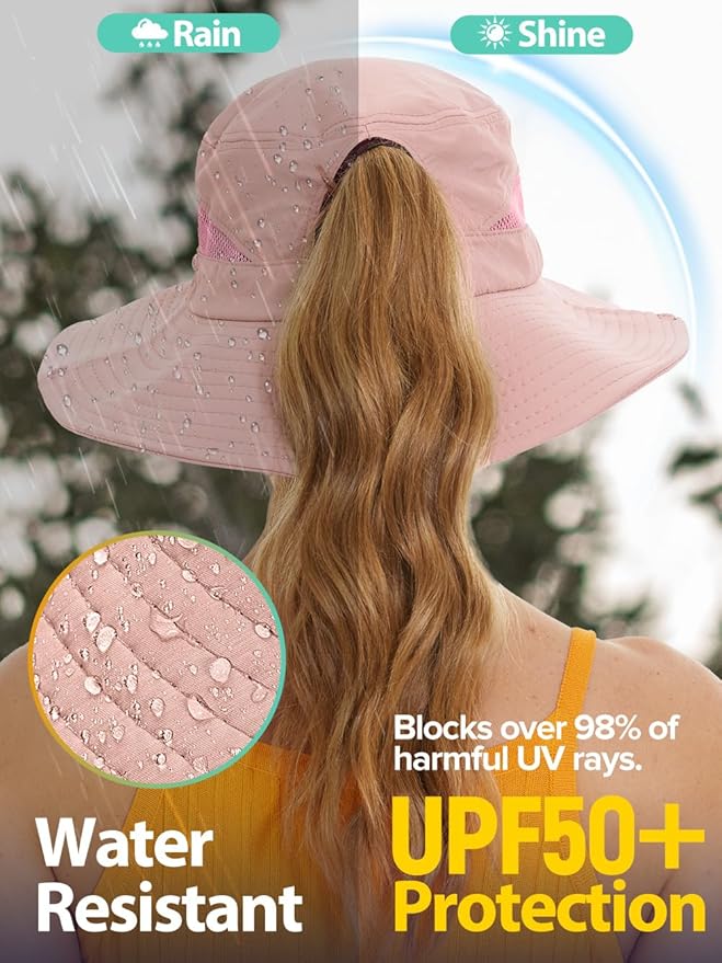 Sun Bucket Beach Hats for Women with Ponytail Hole,Sun Protection UV UPF50+ Waterproof Fishing Safari Hiking Hat