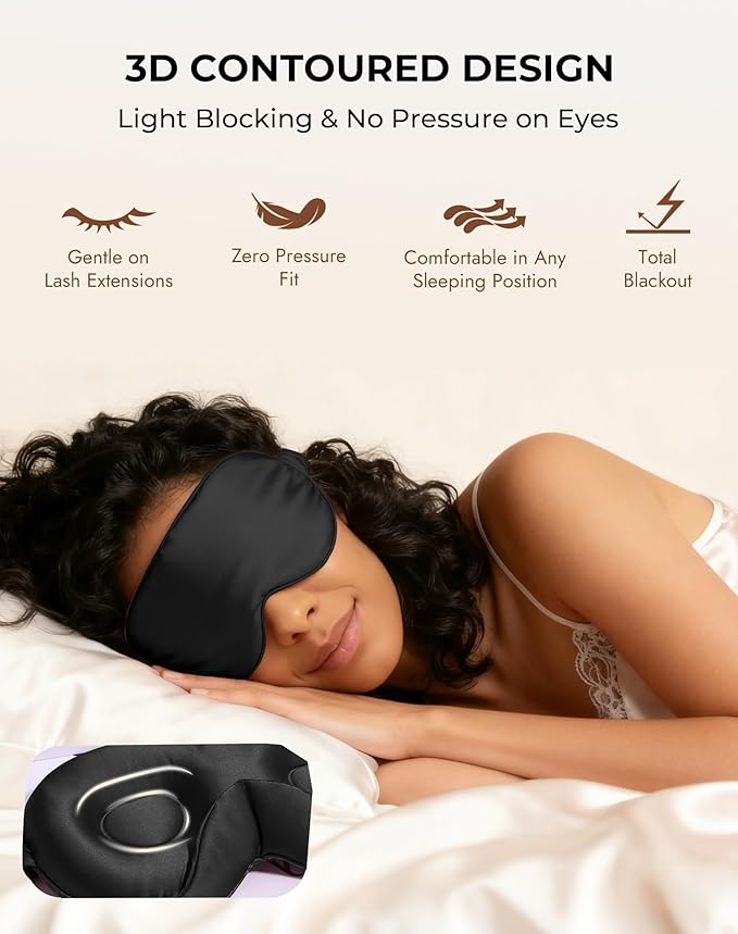 SilkSilky 100% 22 Momme Mulberry Silk Sleep Mask – Upgraded 3D Contoured Eye Mask with Nose Wing Pads & Adjustable Strap, Luxury Blackout Eye Cover for Women & Men (Black)