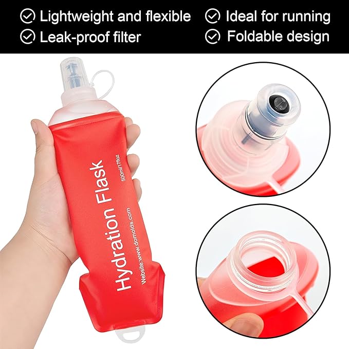 WILDREEDS 500ml Soft Flask, TPU Collapsible Soft Water Bottle for Hydration Pack, Running Vest, Folding Water Bottle for Hiking Cycling Climbing-1Pcs, Red
